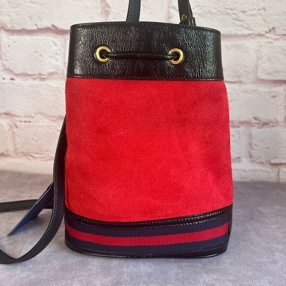 Gucci Suede Ophidia Bucket Drawstring Crossbody Top Handle Bag Red - Picture 3 of 12